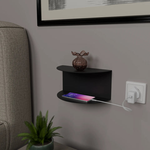 Compact wall shelf with power socket space for daily essentials رف جداري مدمج مع مساحة لمقبس الكهرباء لتنظيم الأغراض اليومية