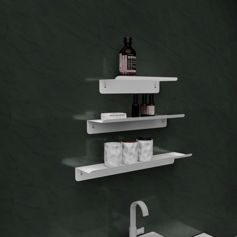 Set of three modern floating wall shelves for bathroom storage and décor ثلاث رفوف حائط عائمة حديثة لتخزين الحمام والديكور