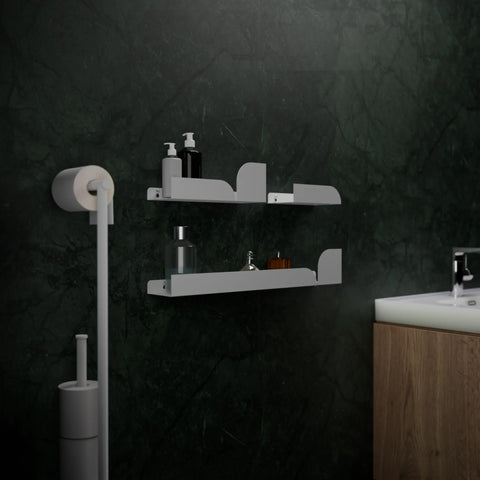 Set of three modern floating wall shelves for bathroom storage of toiletries and small items طقم ثلاث رفوف حائط عائمة مودرن لتخزين أدوات الحمام والأغراض الصغيرة