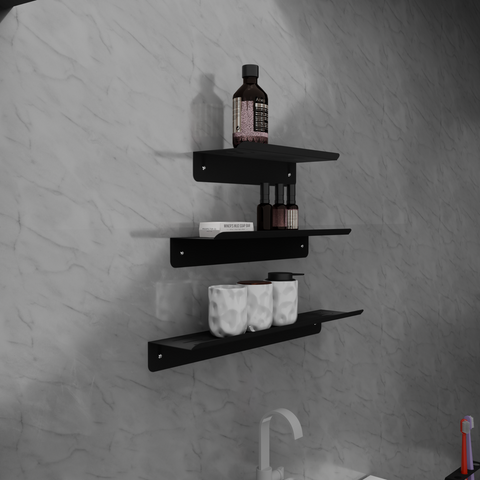 Set of three modern floating wall shelves for bathroom storage and décor ثلاث رفوف حائط عائمة حديثة لتخزين الحمام والديكور