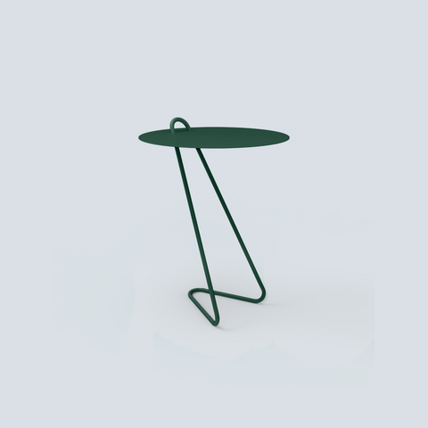 Angolo modern side table in green featuring a minimalist design and unique metal leg structure.