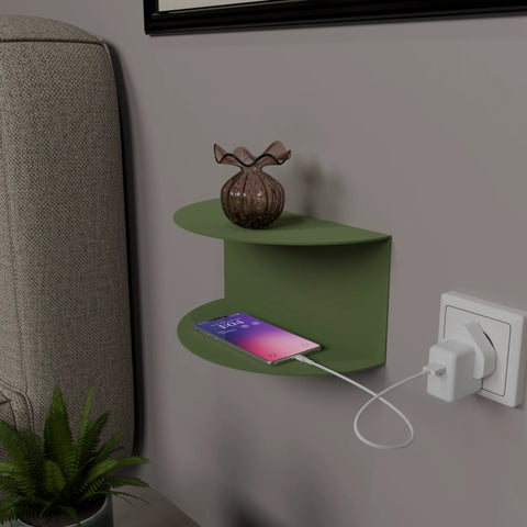 Compact wall shelf with power socket space for daily essentials رف جداري مدمج مع مساحة لمقبس الكهرباء لتنظيم الأغراض اليومية