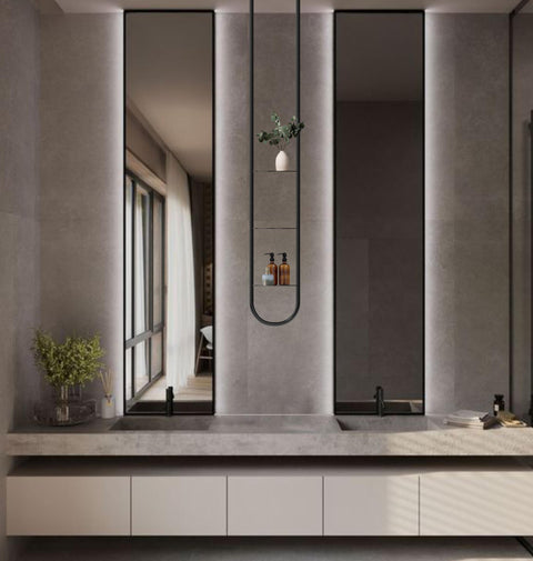 Wall mounted vertical towel shelf with modern metal frame for bathroom storage رف مناشف حائطي رأسي بإطار معدني عصري لتنظيم الحمام
