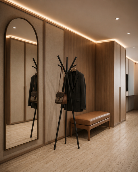 modern multipurpose cloths rack in a stylish entryway with a mirror and wooden accents