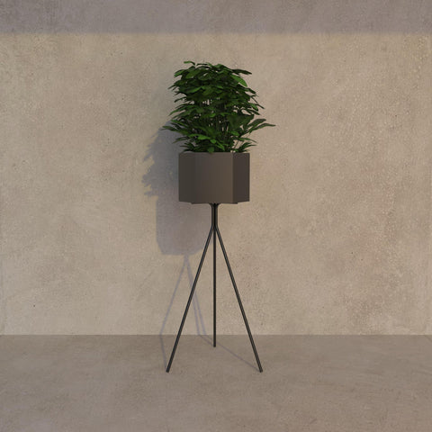 Modern hexagonal planter pot with tall elegant profile for indoor or outdoor decoration وعاء زرع سداسي مودرن بملف أنيق للمساحات الداخلية والخارجية
