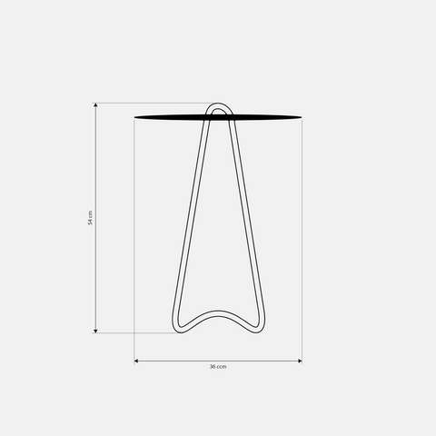 Angolo Modern Metal side table dimensions showcasing a minimalistic design with a height of 54 cm and diameter of 36 cm.
