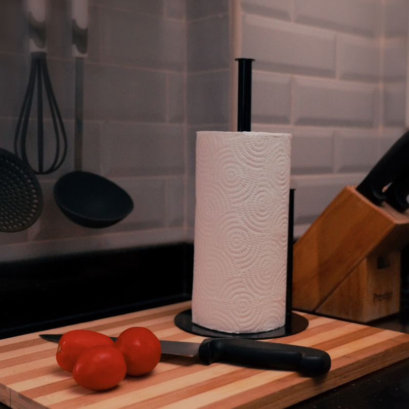 Sleek minimalist stainless steel kitchen paper holder for countertop تنظيم ورق المطبخ بتصميم ستانلس ستيل بسيط وأنيق