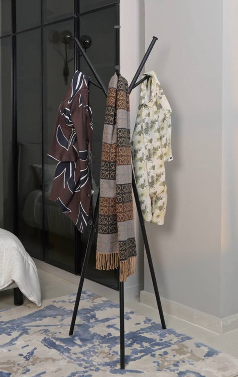 modern multipurpose cloths rack holding scarves in a chic home setting, showcasing its stylish design and functionality.