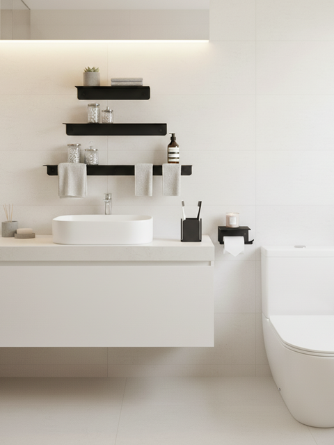 Set of three modern floating wall shelves for bathroom storage and décor ثلاث رفوف حائط عائمة حديثة لتخزين الحمام والديكور