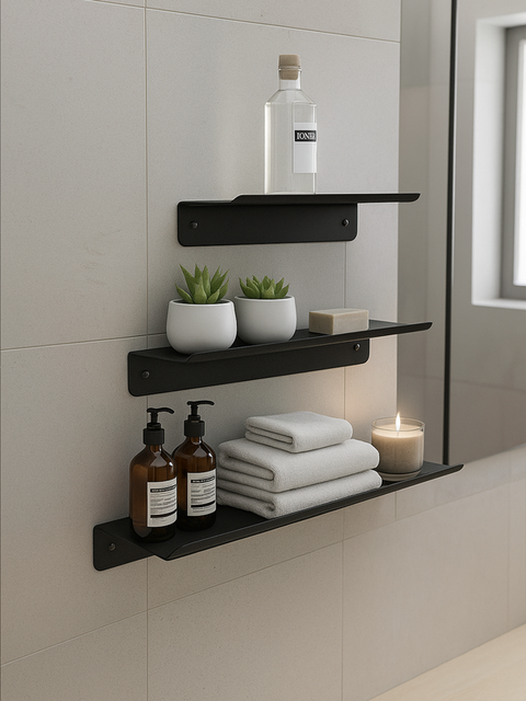 Set of three modern floating wall shelves for bathroom storage and décor ثلاث رفوف حائط عائمة حديثة لتخزين الحمام والديكور