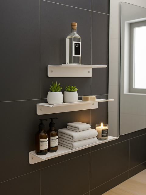 Set of three modern floating wall shelves for bathroom storage and décor ثلاث رفوف حائط عائمة حديثة لتخزين الحمام والديكور